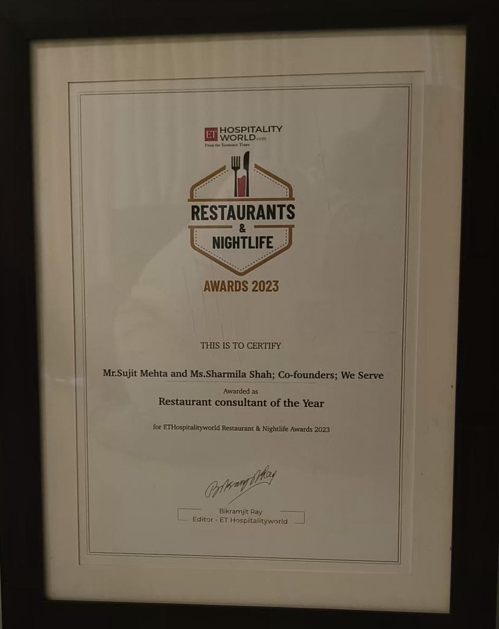 Restaurant Consultant of the Year certificate, Restaurants & Nightlife Awards 2023