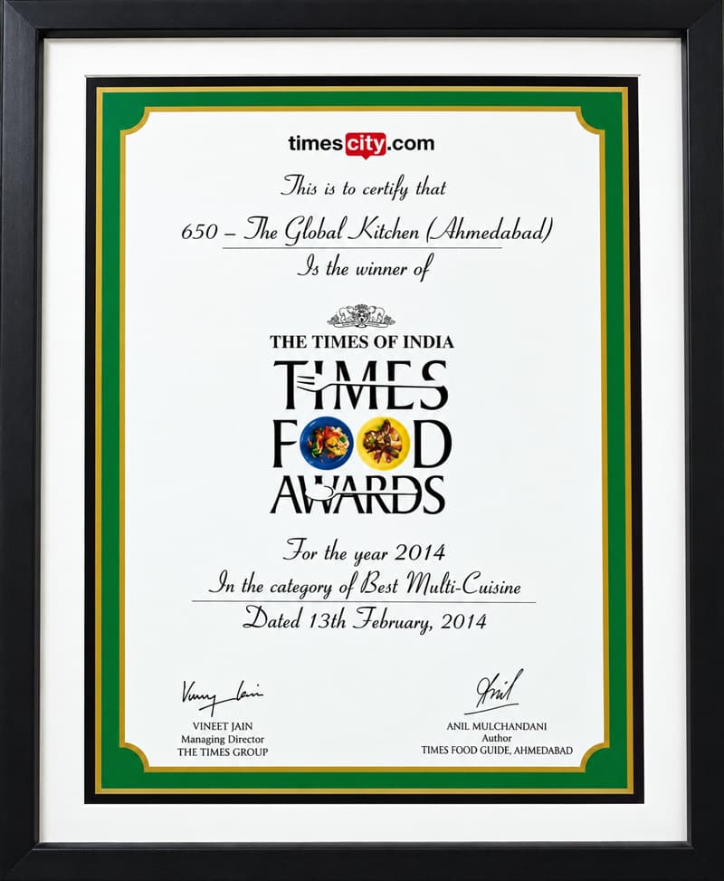 The Times Food Award certificate for 650, The Global Kitchen — Best Multi-Cuisine, 2014