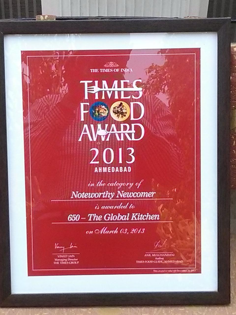 Times Food Award 2013 certificate — Noteworthy Newcomer, 650, The Global Kitchen