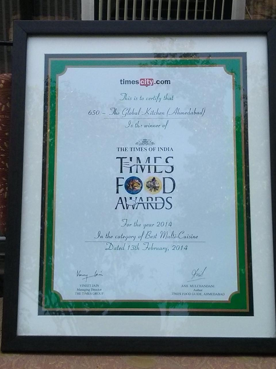 Times Food Awards 2014 certificate — 650, The Global Kitchen, Best Multi-Cuisine