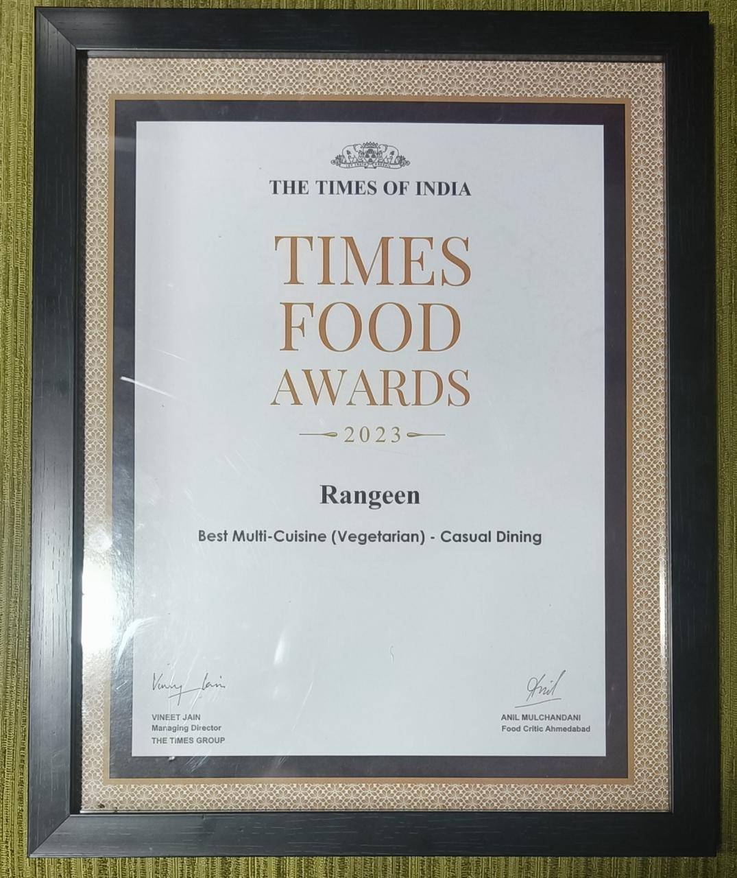 Times Food Awards 2023 certificate — Rangeen, Best Multi-Cuisine (Vegetarian), Casual Dining