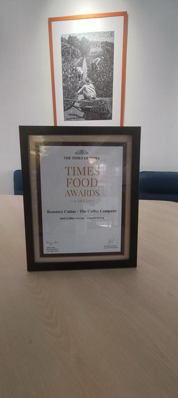 Framed Times Food Awards certificate for Roastery Cultúr, The Coffee Company