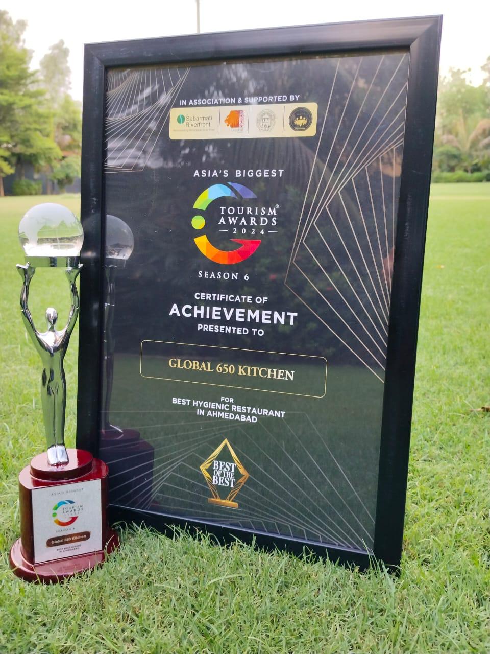 Tourism Awards 2024 certificate and trophy for Global 650 Kitchen on the lawn