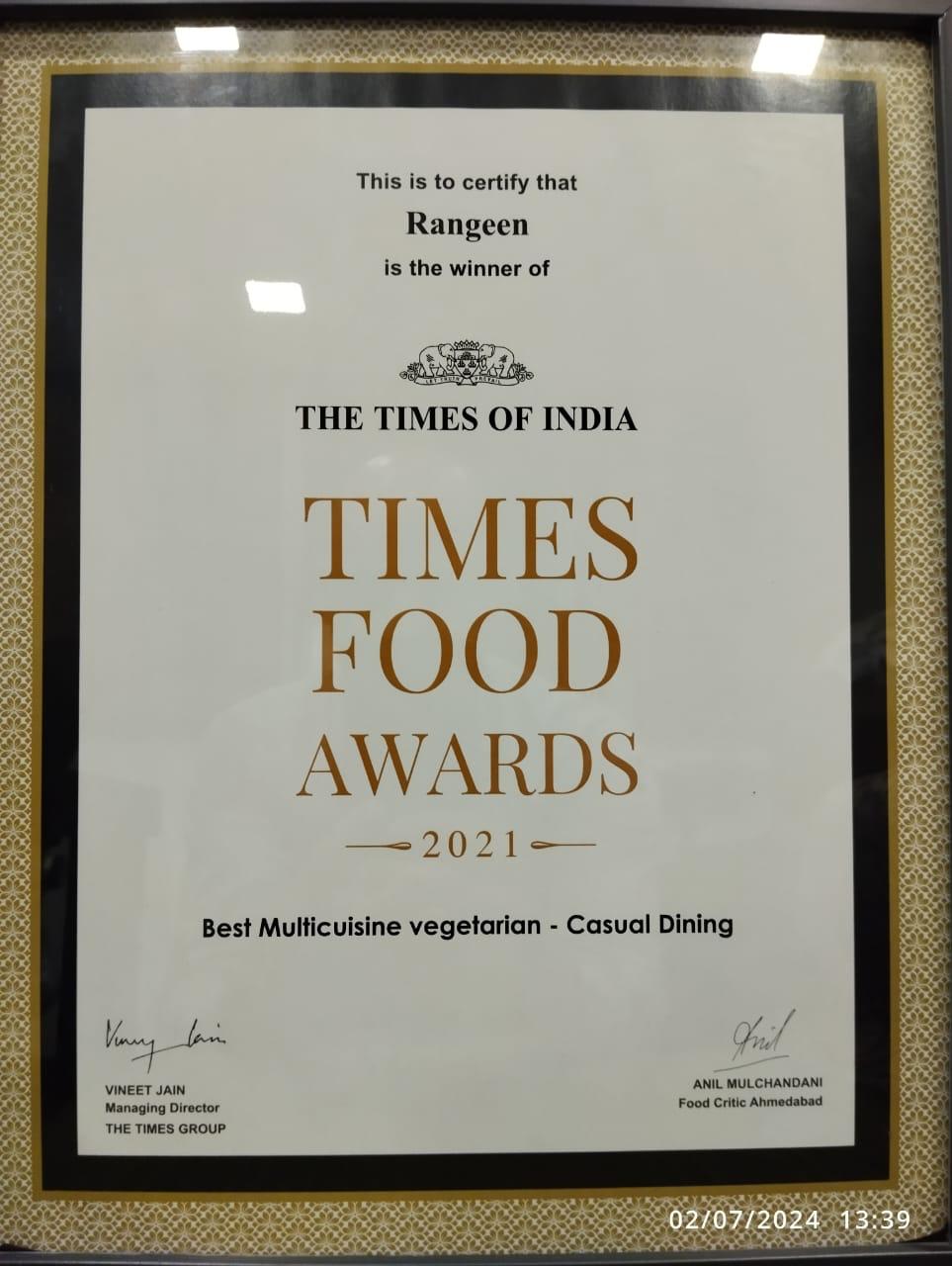 Times Food Awards 2021 certificate — Rangeen, Best Multicuisine Vegetarian, Casual Dining