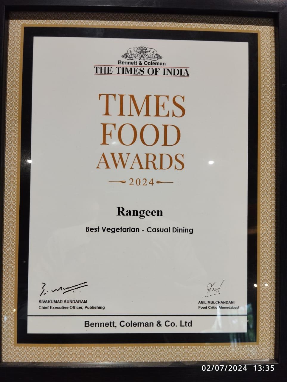 Times Food Awards 2024 certificate — Rangeen, Best Vegetarian, Casual Dining
