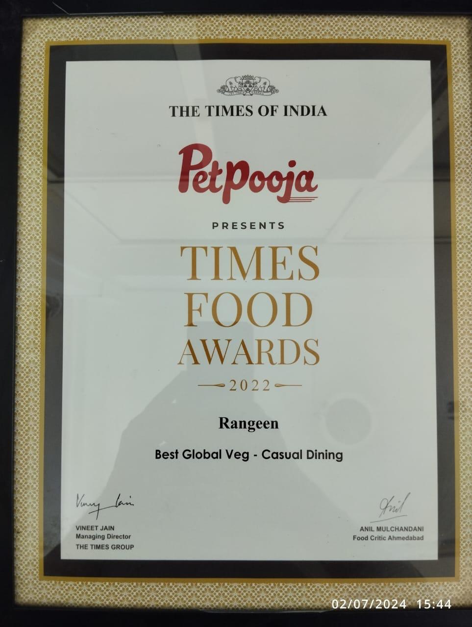 Times Food Awards 2022 certificate — Rangeen, Best Global Veg, Casual Dining