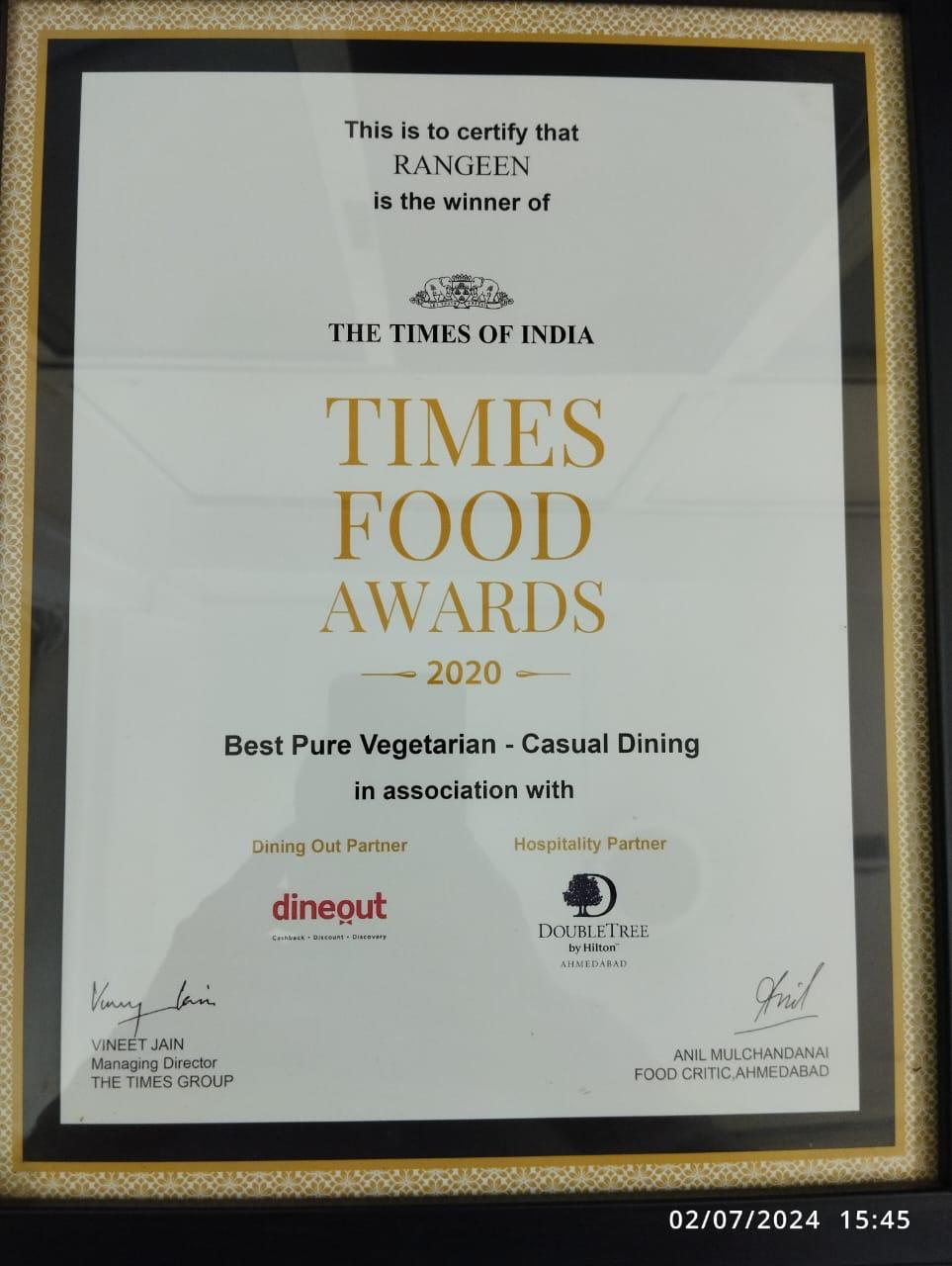 Times Food Awards 2020 certificate — Rangeen, Best Pure Vegetarian, Casual Dining