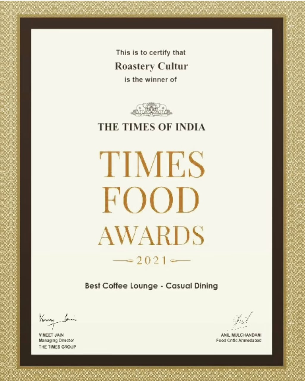 Times Food Awards 2021 certificate — Roastery Cultúr, Best Coffee Lounge, Casual Dining