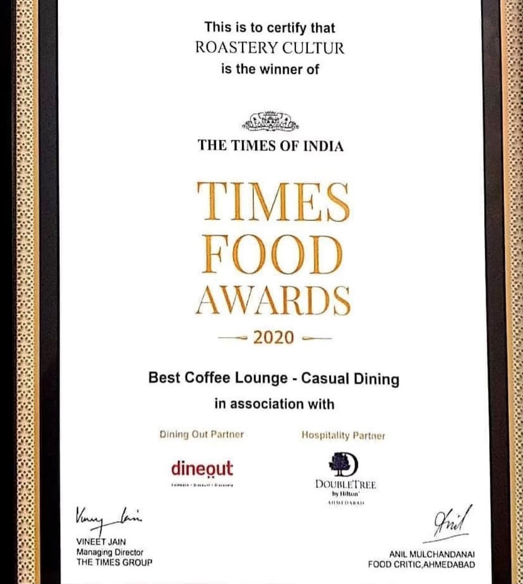 Times Food Awards 2020 certificate — Roastery Cultúr, Best Coffee Lounge, Casual Dining