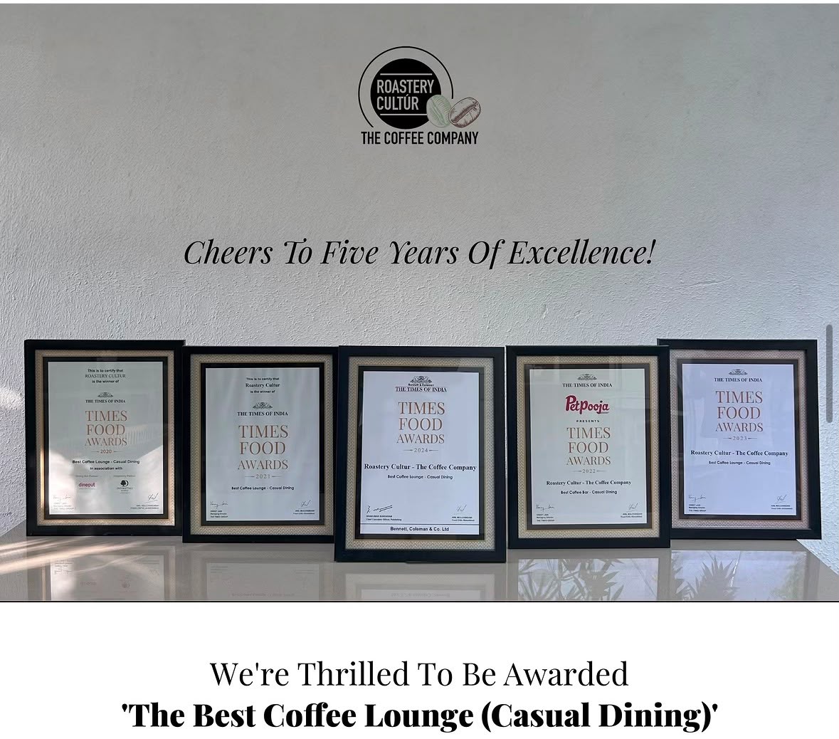 Roastery Cultúr celebrating five years of Times Food Awards — Best Coffee Lounge, Casual Dining