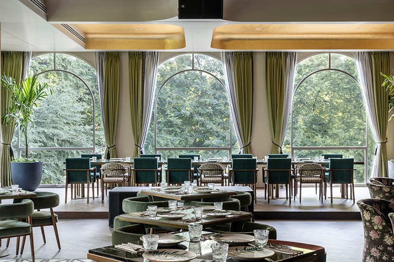 Private dining room with three arched windows