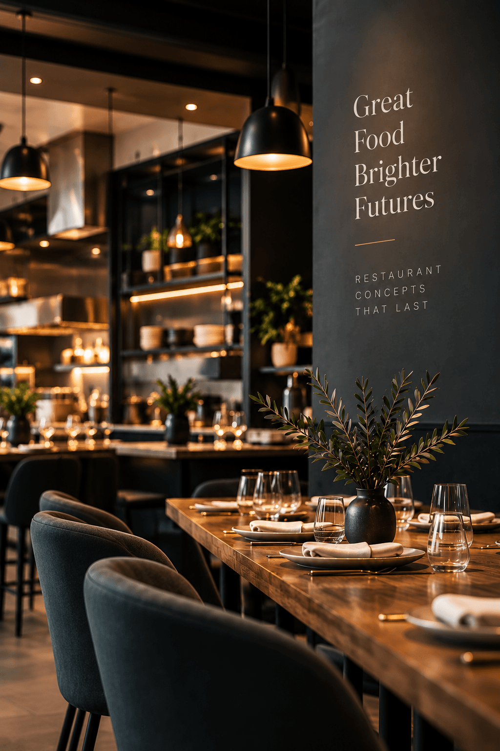 A WeServe-designed dining room lettered with 'Great Food, Brighter Futures — Restaurant Concepts That Last'